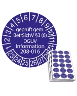 Prüfplakette geprüft gem. BetrSichV §3 (6) DGUV Information 208-016 - 2023, Ø 20mm, 18/Bogen, in Jahresfarbe