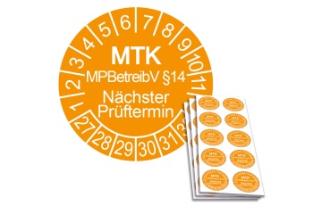 Prüfplakette MTK MPBetreibV §14 - Nächster Prüftermin 2027, Ø 30mm, 10/Bogen, in Jahresfarbe