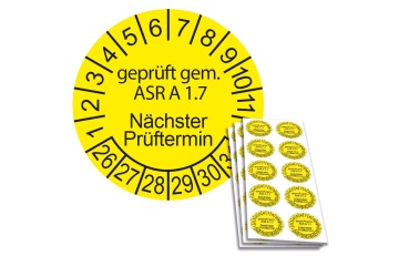 Prüfplakette geprüft gem. ASR A 1.7 - Nächster Prüftermin - 2026, Ø 30mm, 10/Bogen, in Jahresfarbe
