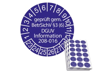 Prüfplakette geprüft gem. BetrSichV §3 (6) DGUV Information 208-016 - 2023, Ø 20mm, 18/Bogen, in Jahresfarbe