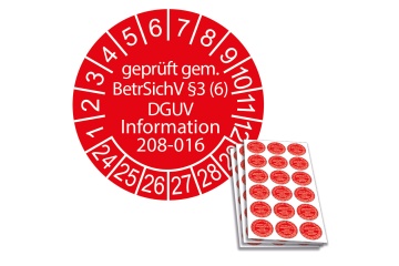 Prüfplakette geprüft gem. BetrSichV §3 (6) DGUV Information 208-016 - 2024, Ø 20mm, 18/Bogen, in Jahresfarbe