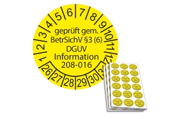 Prüfplakette geprüft gem. BetrSichV §3 (6) DGUV Information 208-016 - 2026, Ø 20mm, 18/Bogen, in Jahresfarbe