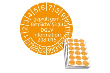 Prüfplakette geprüft gem. BetrSichV §3 (6) DGUV Information 208-016 - 2027, Ø 20mm, 18/Bogen, in Jahresfarbe