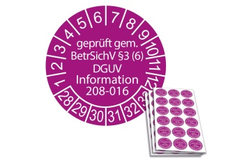 Prüfplakette geprüft gem. BetrSichV §3 (6) DGUV Information 208-016 - 2028, Ø 20mm, 18/Bogen, in Jahresfarbe