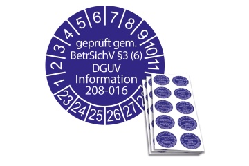 Prüfplakette geprüft gem. BetrSichV §3 (6) DGUV Information 208-016 - 2023, Ø 30mm, 10/Bogen, in Jahresfarbe