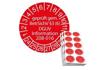 Prüfplakette geprüft gem. BetrSichV §3 (6) DGUV Information 208-016 - 2024, Ø 30mm, 10/Bogen, in Jahresfarbe