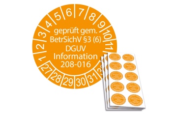 Prüfplakette geprüft gem. BetrSichV §3 (6) DGUV Information 208-016 - 2027, Ø 30mm, 10/Bogen, in Jahresfarbe