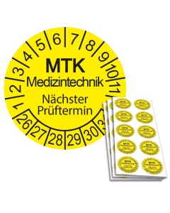Prüfplakette MTK Medizintechnik - Nächster Prüftermin 2026, Ø 30mm, 10/Bogen, in Jahresfarbe