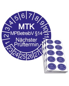 Prüfplakette MTK MPBetreibV §14 - Nächster Prüftermin 2023, Ø 30mm, 10/Bogen, in Jahresfarbe