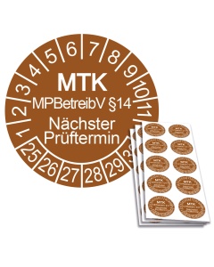 Prüfplakette MTK MPBetreibV §14 - Nächster Prüftermin 2025, Ø 30mm, 10/Bogen, in Jahresfarbe