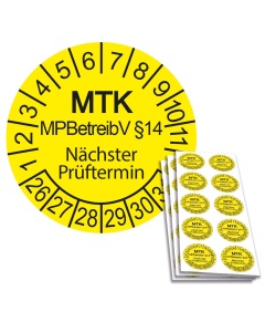 Prüfplakette MTK MPBetreibV §14 - Nächster Prüftermin 2026, Ø 30mm, 10/Bogen, in Jahresfarbe