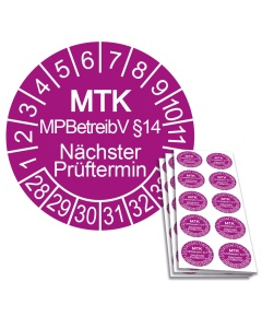 Prüfplakette MTK MPBetreibV §14 - Nächster Prüftermin 2028, Ø 30mm, 10/Bogen, in Jahresfarbe