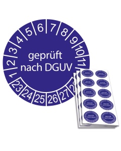 Prüfplakette geprüft nach DGUV 2023, Ø 30mm, 10/Bogen, in Jahresfarbe