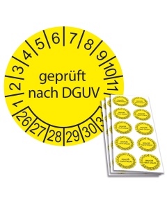Prüfplakette geprüft nach DGUV 2026, Ø 30mm, 10/Bogen, in Jahresfarbe