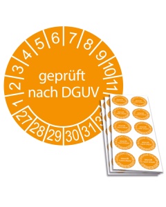 Prüfplakette geprüft nach DGUV 2027, Ø 30mm, 10/Bogen, in Jahresfarbe