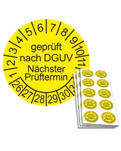Prüfplakette geprüft nach DGUV - Nächster Prüftermin 2026, Ø 30mm, 10/Bogen, in Jahresfarbe