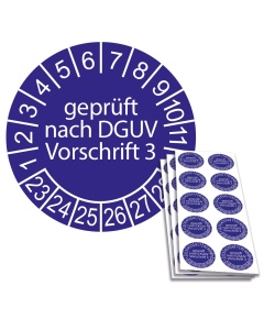 Prüfplakette geprüft nach DGUV Vorschrift 3 - 2023, Ø 30mm, 10/Bogen, in Jahresfarbe