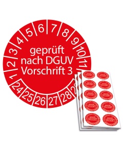 Prüfplakette geprüft nach DGUV Vorschrift 3 - 2024, Ø 30mm, 10/Bogen, in Jahresfarbe