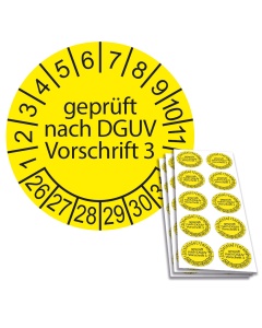 Prüfplakette geprüft nach DGUV Vorschrift 3 - 2026, Ø 30mm, 10/Bogen, in Jahresfarbe