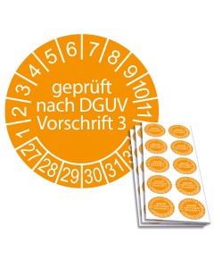 Prüfplakette geprüft nach DGUV Vorschrift 3 - 2027, Ø 30mm, 10/Bogen, in Jahresfarbe