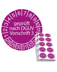 Prüfplakette geprüft nach DGUV  Vorschrift 3 - 2028, Ø 30mm, 10/Bogen, in Jahresfarbe