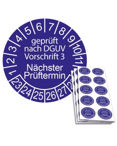 Prüfplakette geprüft nach DGUV Vorschrift 3 - Nächster Prüftermin 2023, Ø 30mm, 10/Bogen, in Jahresfarbe
