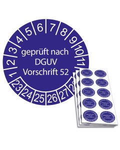 Prüfplakette geprüft nach DGUV Vorschrift 52 - 2023, Ø 30mm, 10/Bogen, in Jahresfarbe