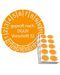 Prüfplakette geprüft nach DGUV Vorschrift 52 - 2027, Ø 30mm, 10/Bogen, in Jahresfarbe