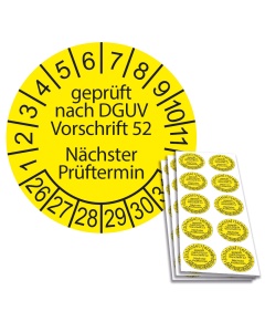 Prüfplakette geprüft nach DGUV Vorschrift 52 - Nächster Prüftermin - 2026, Ø 30mm, 10/Bogen, in Jahresfarbe