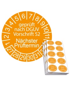 Prüfplakette geprüft nach DGUV Vorschrift 52 - Nächster Prüftermin - 2027, Ø 30mm, 10/Bogen, in Jahresfarbe