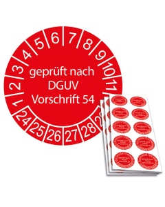 Prüfplakette geprüft nach DGUV Vorschrift 54 - 2024, Ø 30mm, 10/Bogen, in Jahresfarbe