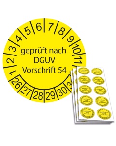 Prüfplakette geprüft nach DGUV Vorschrift 54 - 2026, Ø 30mm, 10/Bogen, in Jahresfarbe