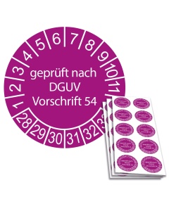 Prüfplakette geprüft nach DGUV Vorschrift 54 - 2028, Ø 30mm, 10/Bogen, in Jahresfarbe
