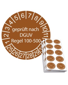 Prüfplakette geprüft nach DGUV Regel 100-500 - 2025, Ø 30mm, 10/Bogen, in Jahresfarbe