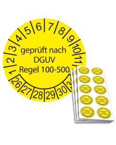 Prüfplakette geprüft nach DGUV Regel 100-500 - 2026, Ø 30mm, 10/Bogen, in Jahresfarbe