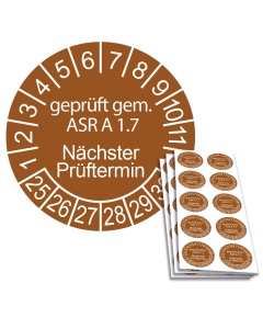 Prüfplakette geprüft gem. ASR A 1.7 - Nächster Prüftermin - 2025, Ø 30mm, 10/Bogen, in Jahresfarbe