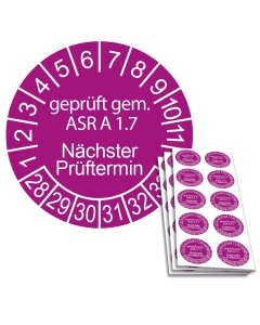 Prüfplakette geprüft gem. ASR A 1.7 - Nächster Prüftermin - 2028, Ø 30mm, 10/Bogen, in Jahresfarbe