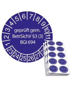 Prüfplakette geprüft gem. BetrSichV §3 (3) BGI 694 - 2023, Ø 30mm, 10/Bogen, in Jahresfarbe