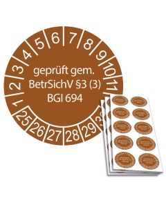 Prüfplakette geprüft gem. BetrSichV §3 (3) BGI 694 - 2025, Ø 30mm, 10/Bogen, in Jahresfarbe