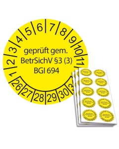 Prüfplakette geprüft gem. BetrSichV §3 (3) BGI 694 - 2026, Ø 30mm, 10/Bogen, in Jahresfarbe
