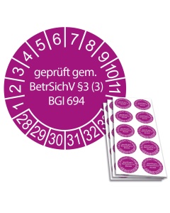 Prüfplakette geprüft gem. BetrSichV §3 (3) BGI 694 - 2028, Ø 30mm, 10/Bogen, in Jahresfarbe