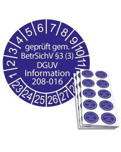 Prüfplakette geprüft gem. BetrSichV §3 (3) DGUV Information 208-016 - 2023, Ø 30mm, 10/Bogen, in Jahresfarbe