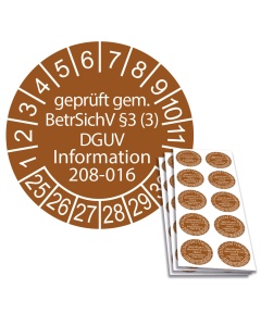 Prüfplakette geprüft gem. BetrSichV §3 (3) DGUV Information 208-016 - 2025, Ø 30mm, 10/Bogen, in Jahresfarbe