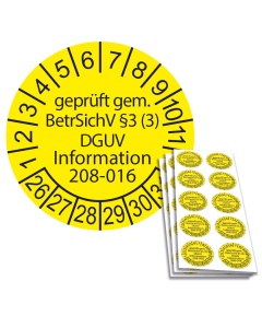 Prüfplakette geprüft gem. BetrSichV §3 (3) DGUV Information 208-016 - 2026, Ø 30mm, 10/Bogen, in Jahresfarbe