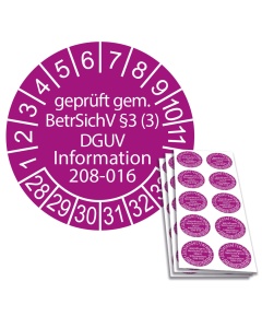 Prüfplakette geprüft gem. BetrSichV §3 (3) DGUV Information 208-016 - 2028, Ø 30mm, 10/Bogen, in Jahresfarbe