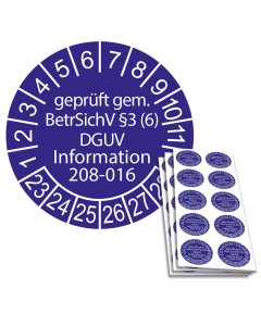 Prüfplakette geprüft gem. BetrSichV §3 (6) DGUV Information 208-016 - 2023, Ø 30mm, 10/Bogen, in Jahresfarbe