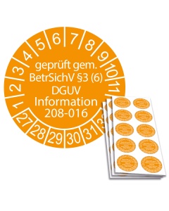 Prüfplakette geprüft gem. BetrSichV §3 (6) DGUV Information 208-016 - 2027, Ø 30mm, 10/Bogen, in Jahresfarbe