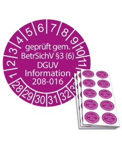 Prüfplakette geprüft gem. BetrSichV §3 (6) DGUV Information 208-016 - 2028, Ø 30mm, 10/Bogen, in Jahresfarbe