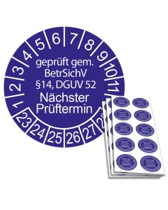 Prüfplakette geprüft gem. BetrSichV §14, DGUV 52 - Nächster Prüftermin - 2023, Ø 30mm, 10/Bogen, in Jahresfarbe
