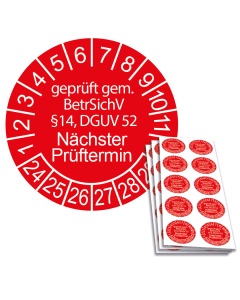 Prüfplakette geprüft gem. BetrSichV §14, DGUV 52 - Nächster Prüftermin - 2024, Ø 30mm, 10/Bogen, in Jahresfarbe
